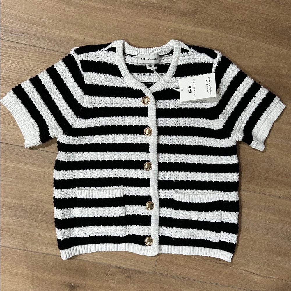 NWT - FREE ASSEMBLY Crochet Cardigan Striped Sweater with Gold Buttons - Picture 2 of 9